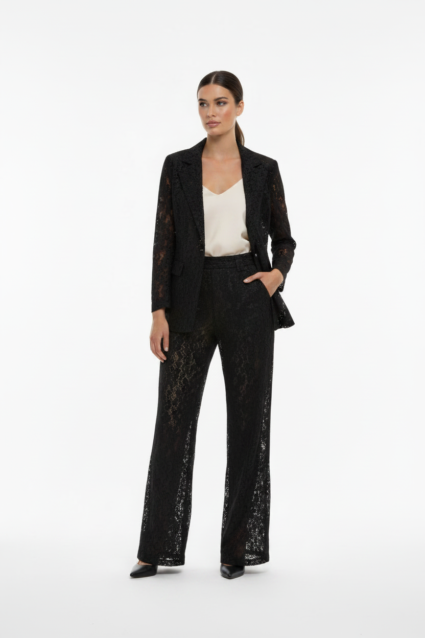 Completo pizzo nero - giacca e pantalone palazzo