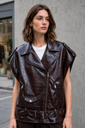 Gilet smanicato MORO lucido effetto cocco con cintura in vita