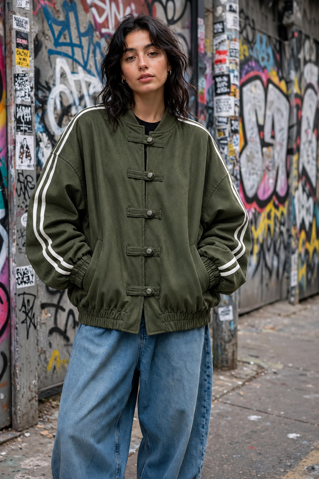 Giacca bomber verde militare con alamari frontali e righe chiare sulle maniche