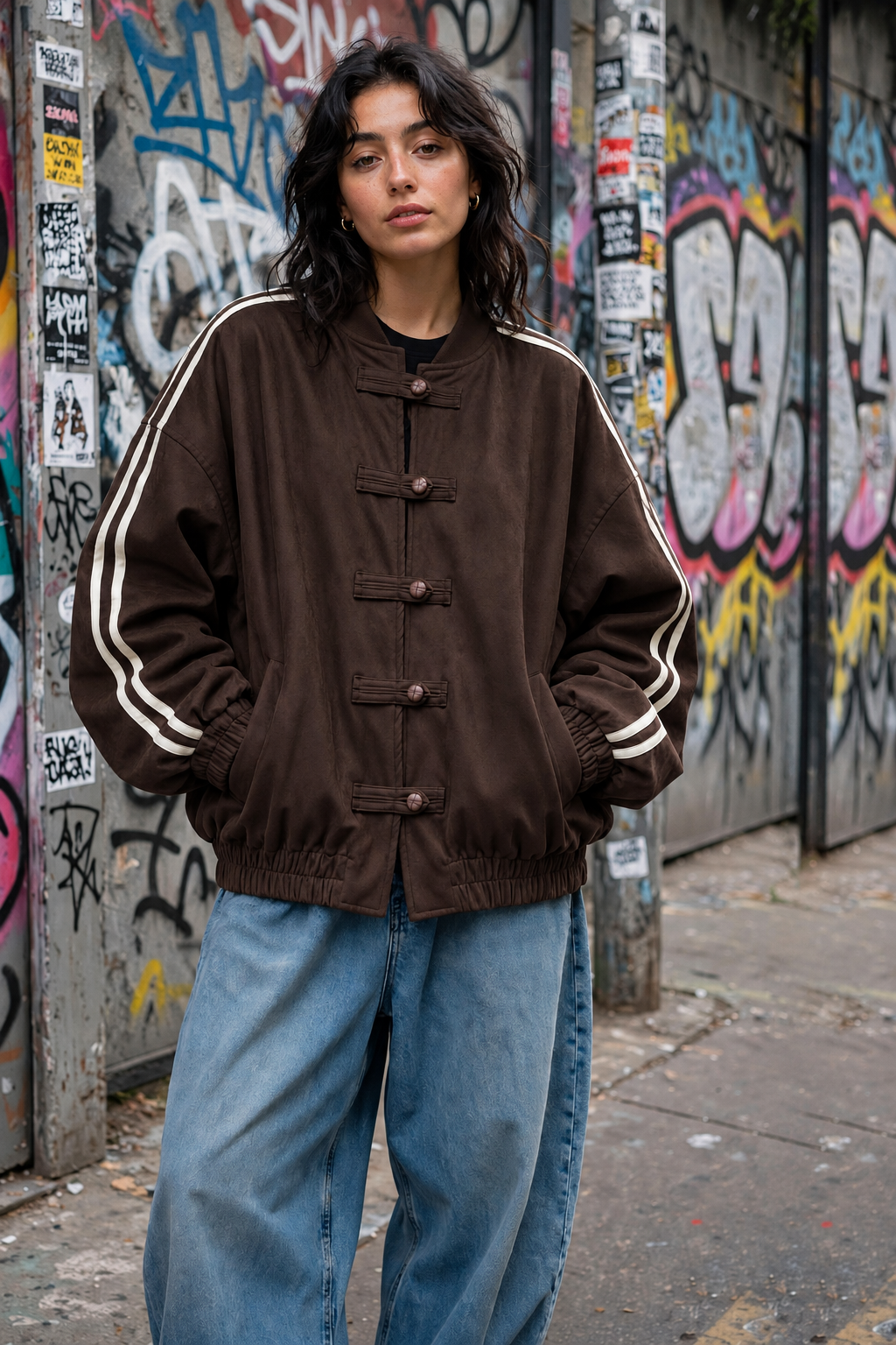 Giacca bomber color testa di moro con alamari frontali e righe chiare sulle maniche