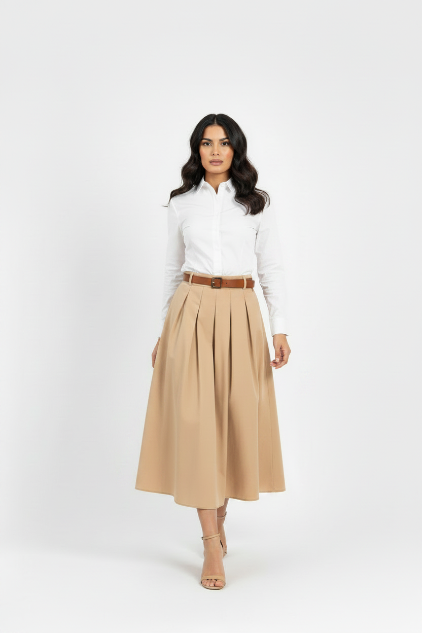 Gonna G497 beige sabbia con camicia bianca e cintura marrone