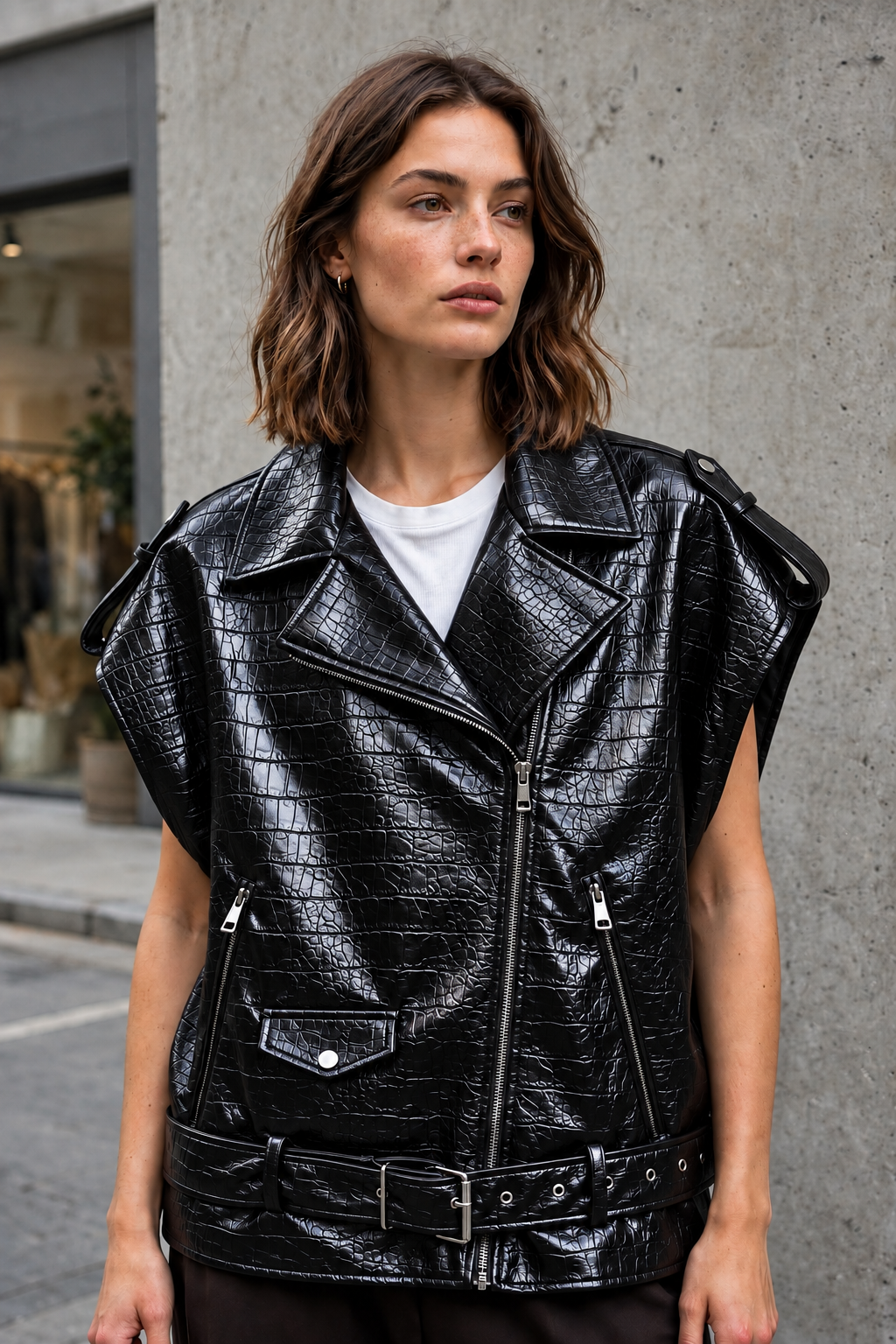 Gilet smanicato nero lucido effetto cocco con cintura in vita