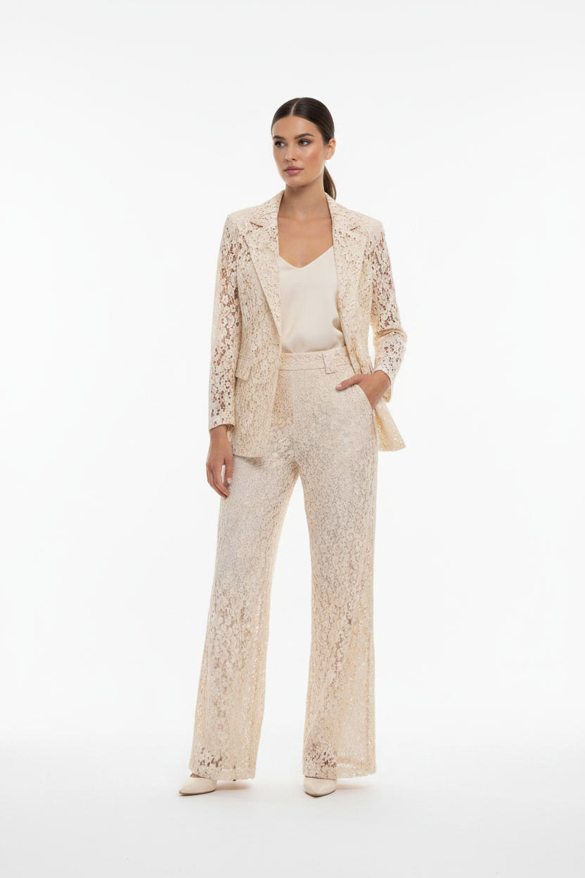 Completo pizzo panna - giacca e pantalone palazzo