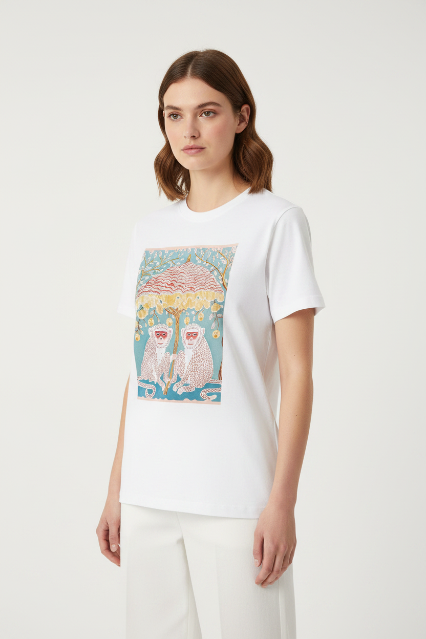 T-shirt Bianca stampa scimmie strass