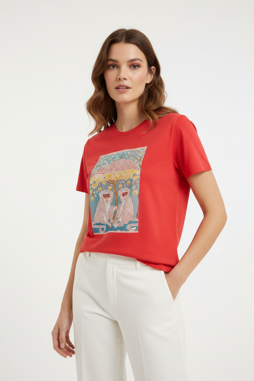 T-shirt Rossa stampa scimmie strass